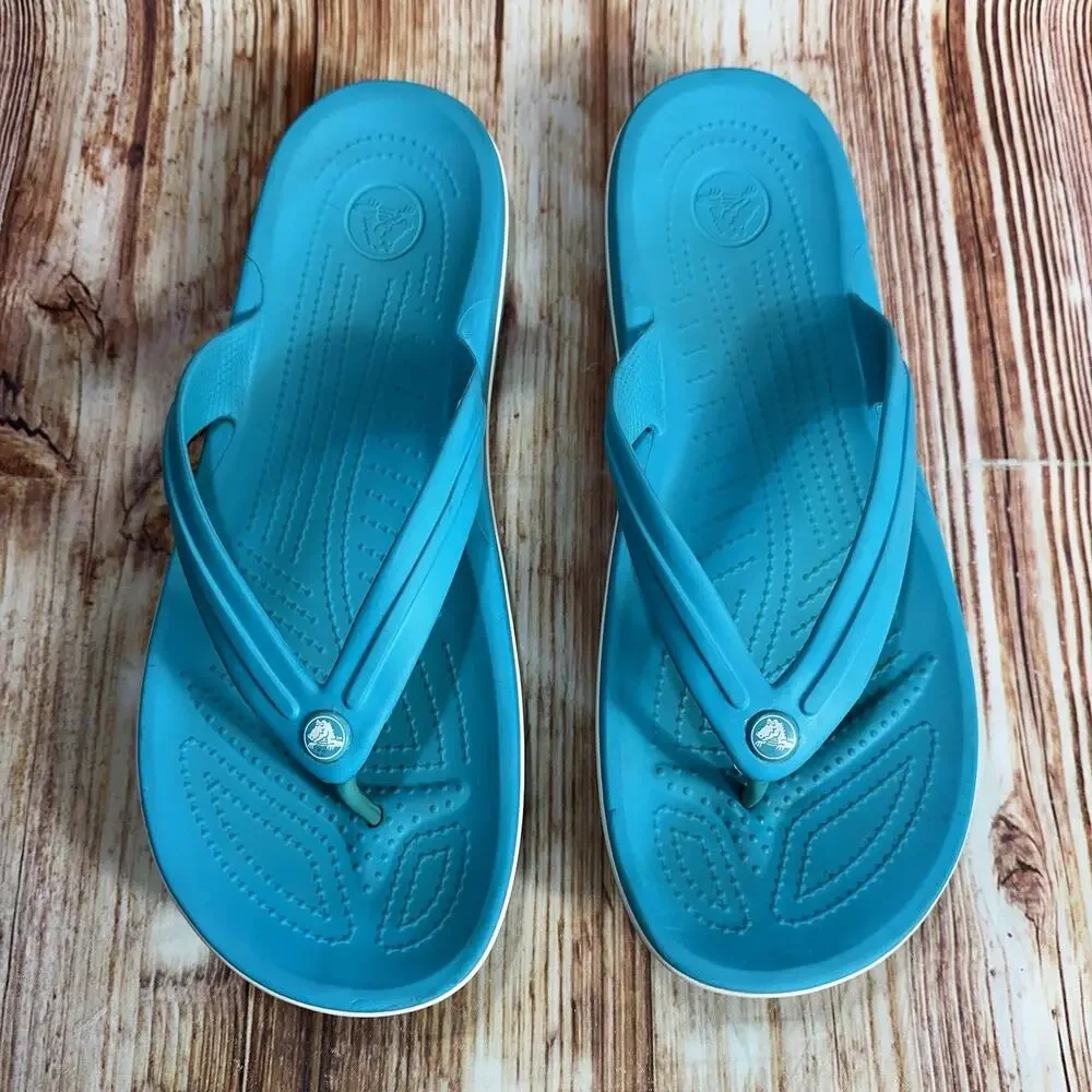Crocs CROCBAND FLIP Flops Mens Size 12 Teal Blue Thong Sandals Open Toe Shoes
